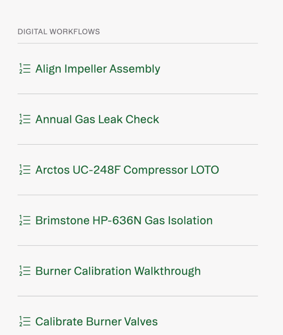 A digital workflows column listing procedures alphabetically from Align Impeller Assembly down past Clean Burner Ports, each on its own ruled row.
